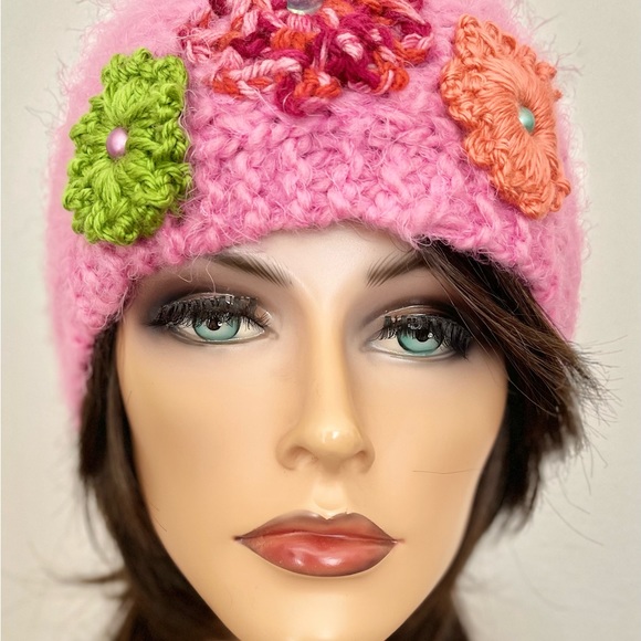 Hand Knits 2 Love Headband Headwrap Bandana Earwarmer Flower Bead Pink Designer main image 10